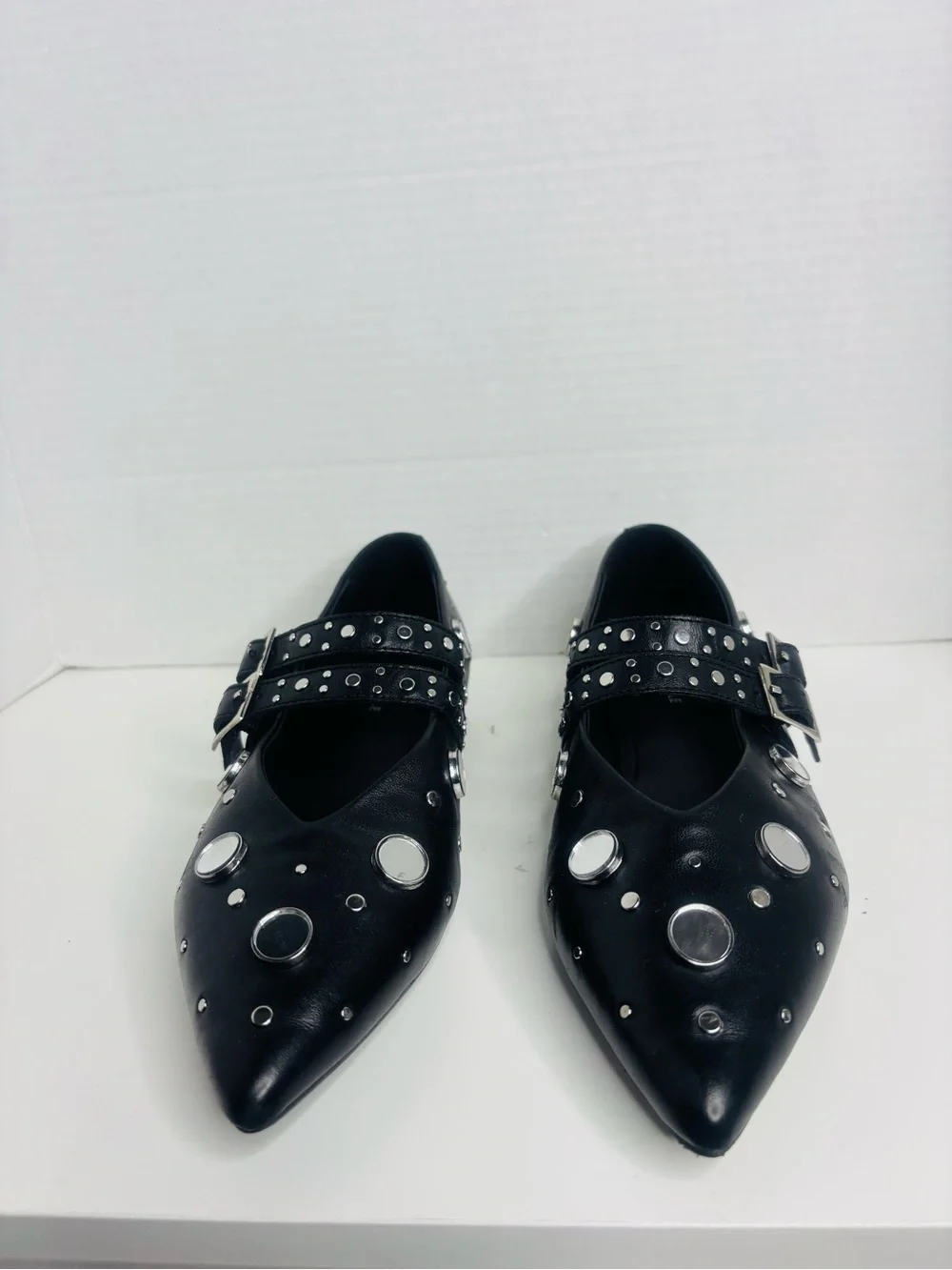 Free People Black Pointed Toe Double-Buckle Stud Flats